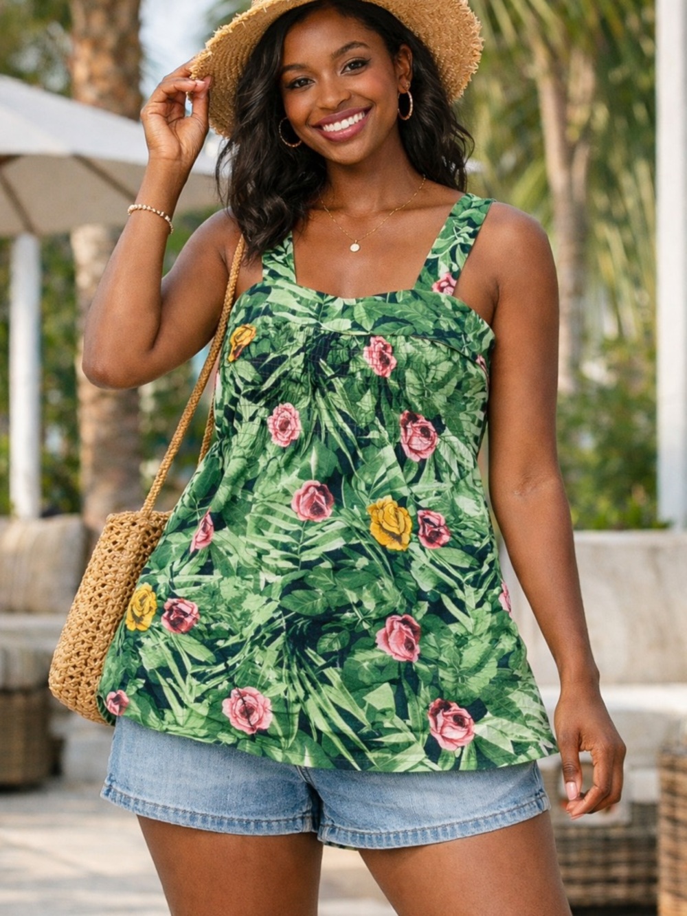 Izzy & Lola Green Tropical Floral Tank Top with Pink & Yellow Blooms